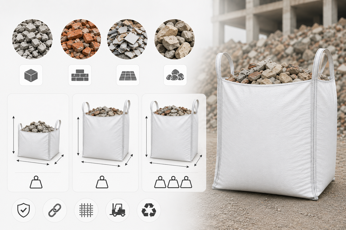 Welcher Big Bag eignet sich für Bauschutt? Erfahren Sie, welche Größen und Traglasten für Beton, Ziegel, Fliesen und Steine geeignet sind.