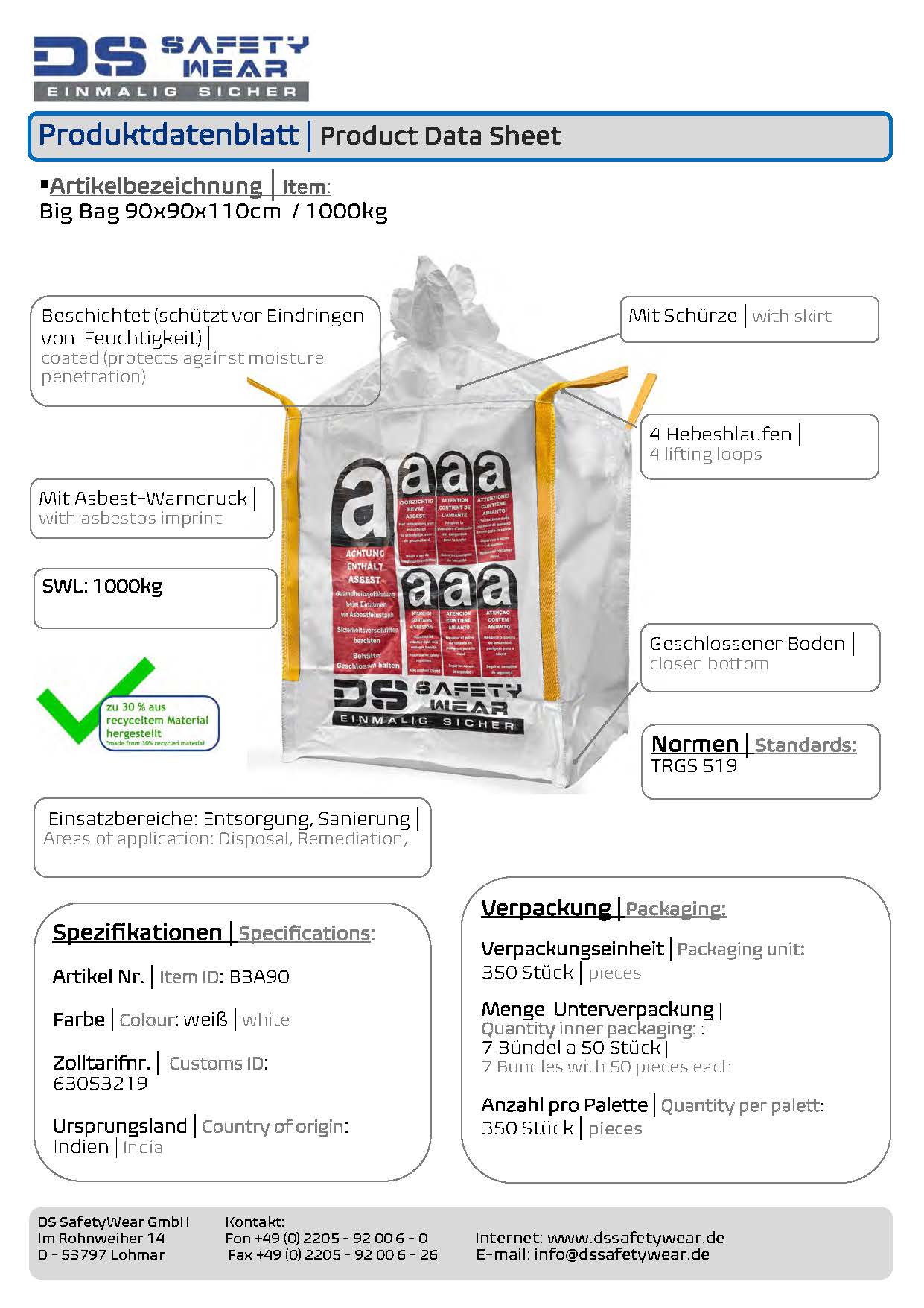 Big Bags, Plattenbags & Flachsäcke mit Asbest-Warndruck (Einzelstücke)