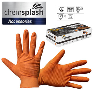 50 Stück Robuste Profi-Einweg-Nitrilhandschuhe ORANGE - Starker Grip durch Diamantstruktur  für Werkstatt, Kfz und Industrie. Chemikalienbeständig, Puderfrei, Latexfrei, Touchscreenkompatibel
