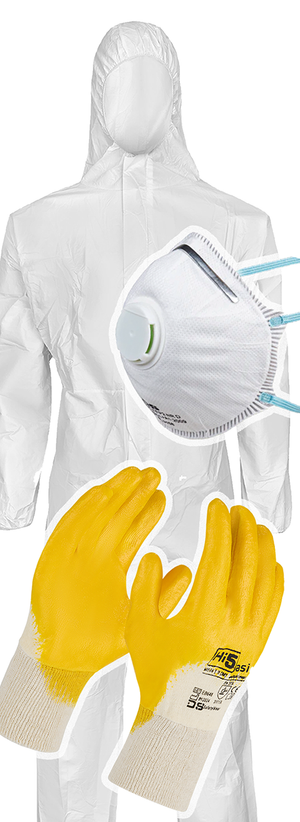 Arbeitsschutzset Schutzoverall + Feinstaubmaske Ventil FFP2 + Arbeitshandschuhe Maleranzug Baumaske mit Ventil Abbruch