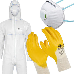 Kit di protezione sul lavoro tuta protettiva + maschera antipolvere FFP2 + guanti da lavoro tuta da imbianchino maschera da costruzione con valvola ristrutturazione demolizione