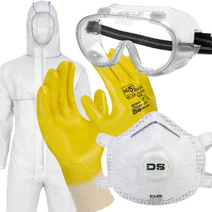 Kit di protezione amianto: Tuta protettiva + Maschera antipolvere FFP3 + Occhiali protettivi + Guanti da lavoro Tuta da imbianchino Maschera con valvola Amianto Lana minerale Lavori di demolizione e risanamento