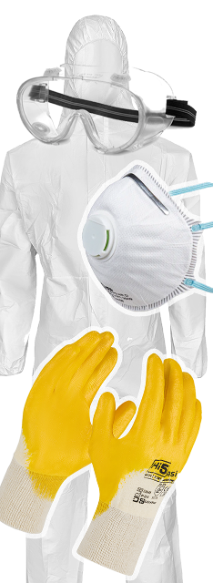 Arbeitsschutzset Asbest Schutzoverall + Feinstaubmaske FFP3 + Brille + Arbeitshandschuhe Maleranzug Baumaske mit Ventil Asbest KMF Sanierung Abbruch