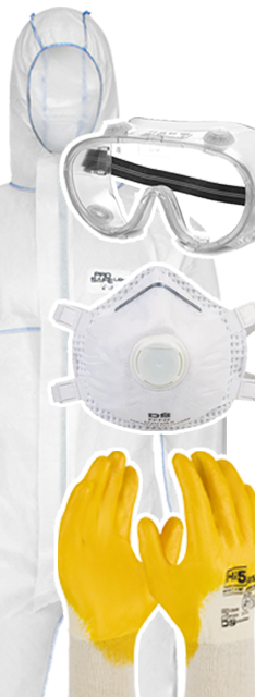 Arbeitsschutzset ASBEST Schutzoverall + Feinstaubmaske FFP3 + Schutzbrille + Arbeitshandschuhe Maleranzug Baumaske mit Ventil Asbest KMF Sanierung Abbruch