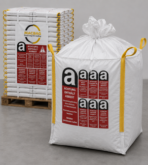 PALETTE 350 Stück ASBEST Big Bag BB-A90 90×90×110cm 1.000 kg Traglast TRGS 519 beschichtet mit Schürze Warndruck Transportsack FIBC