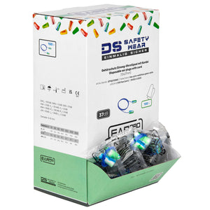 100 Paar Ohrstöpsel mit Kordel Schnur in Spenderbox Gehörschutz Ohrschutz 37db Einweg einzeln abgepackt blau/weiß/grün