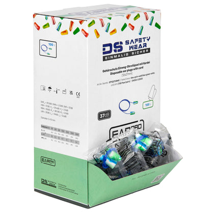 100 Paar Ohrstöpsel mit Kordel Schnur in Spenderbox Gehörschutz Ohrschutz 37db Einweg einzeln abgepackt blau/weiß/grün