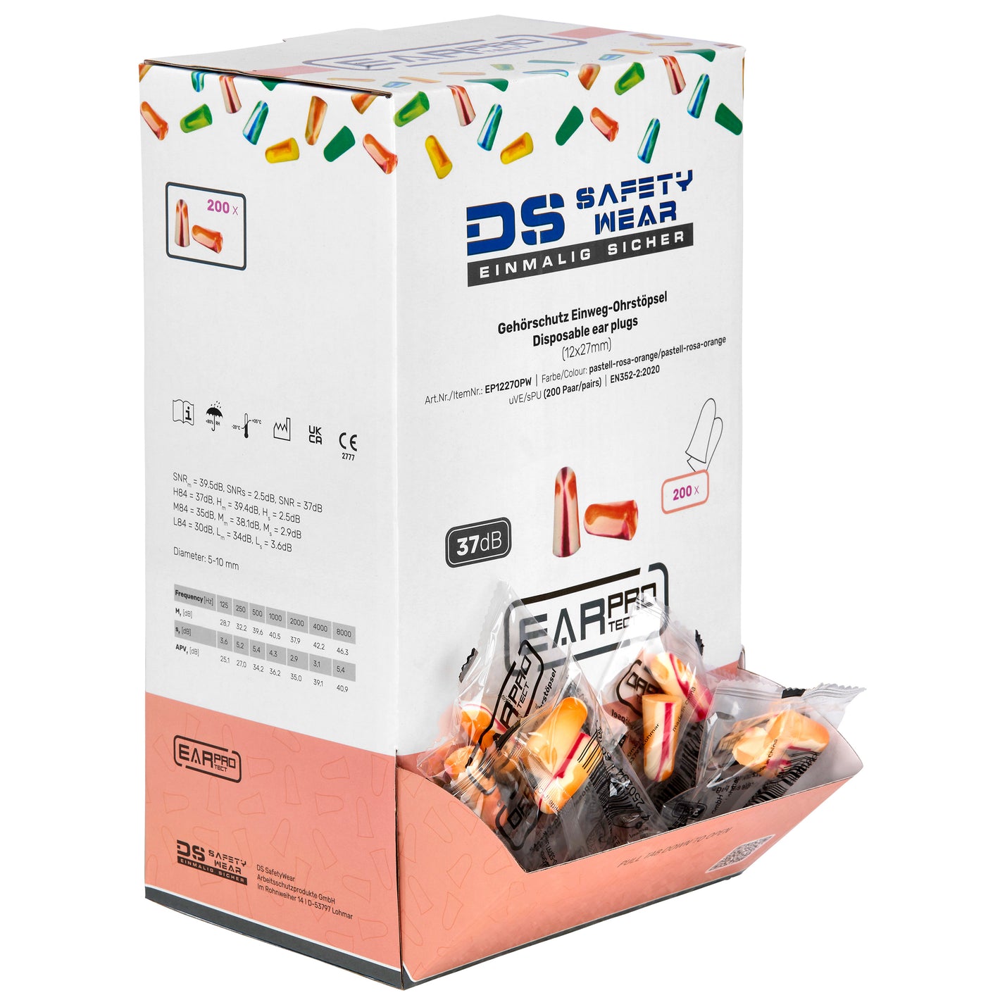 200 Paar Ohrstöpsel in Spenderbox Gehörschutz Ohrschutz Einweg einzeln abgepackt orange/lila/weiß