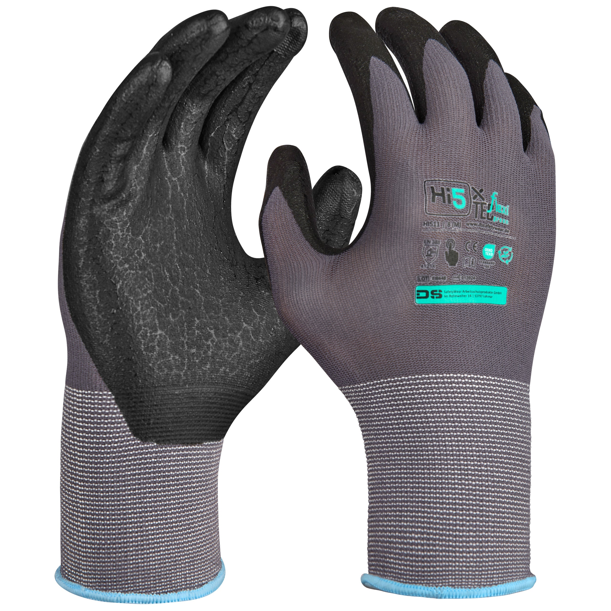 KARTON 120 Paar Montagehandschuhe Arbeitshandschuhe Hi5 X Flexitec OEKOTEX Nylon Handschuhe Nitril Mikroschaumbeschichtung 4121X grau schwarz
