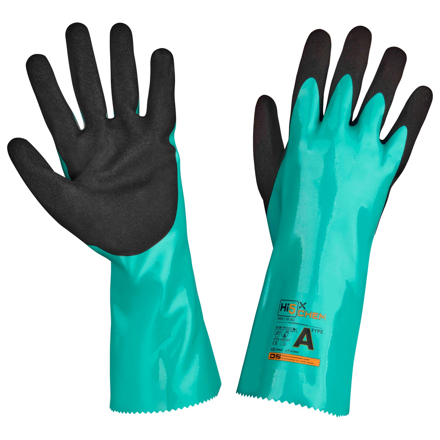 Hi5 X Chemie Handschuhe AJKLOPT blau-schwarz raue Nitrilbeschichtung