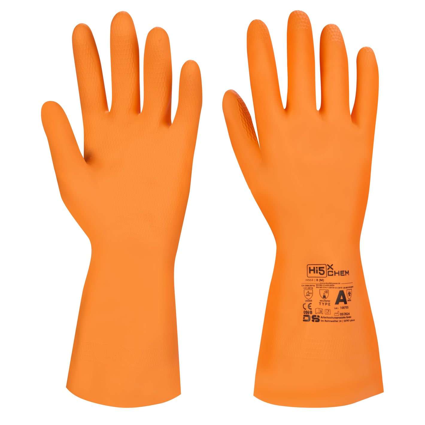 Hi5 X Chemie Handschuhe Latex Typ A AKLMNPST orange flockgefüttert chloriert