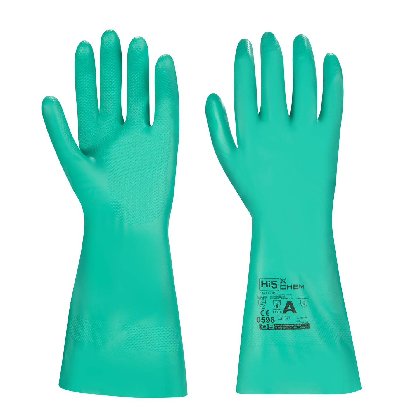 Hi5 X Chemie Handschuhe Nitril Typ A JKLMNOPST grün flockgefüttert chloriert