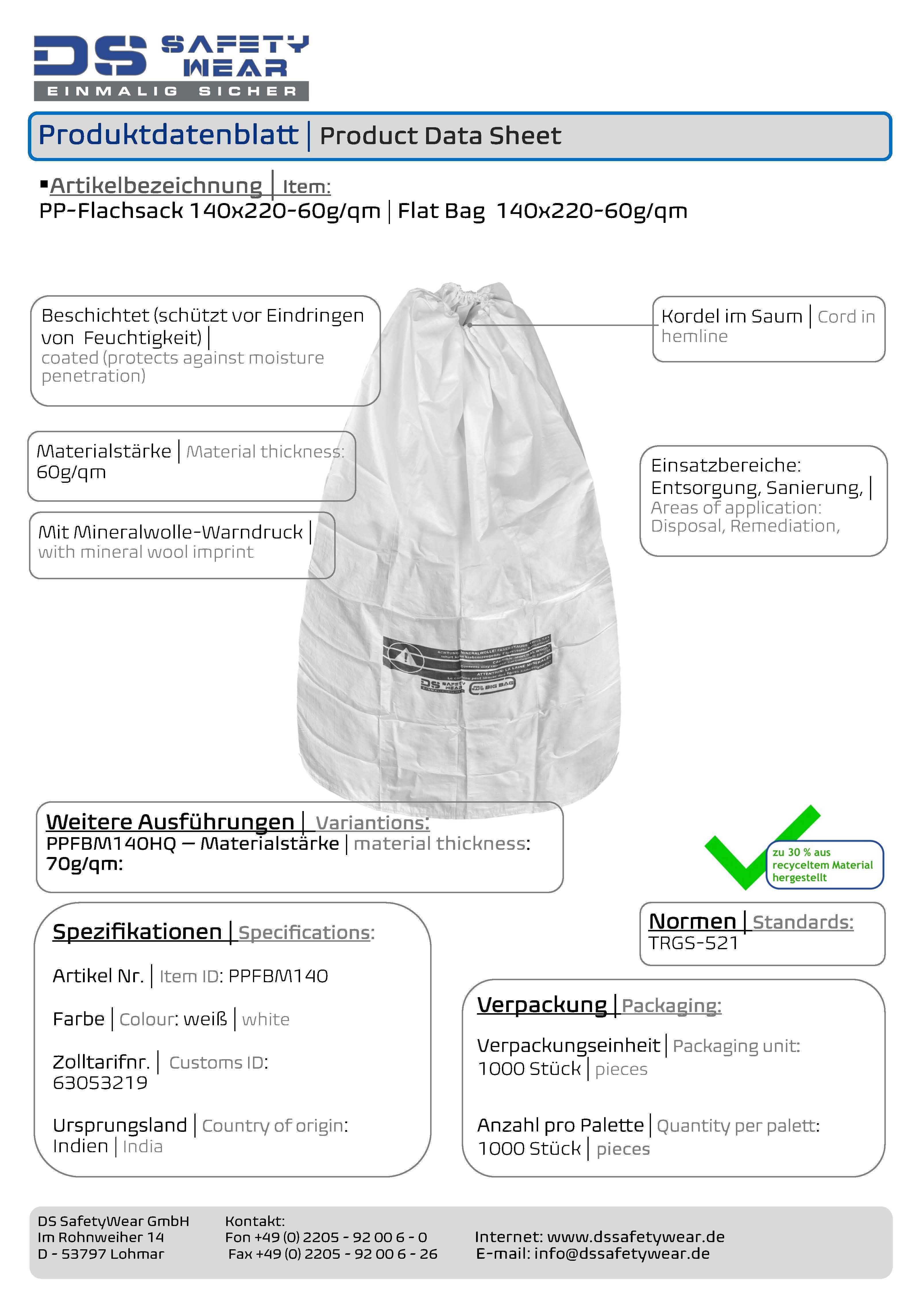 künstlicher faserstoff MINERALWOLLE Säcke 140x220cm Flachsack KMF Entsorgung TRGS 521  Transportsack Gewebesack Dämmwolle Glaswolle Steinwolle beschichtet mit  Kordel im Saum