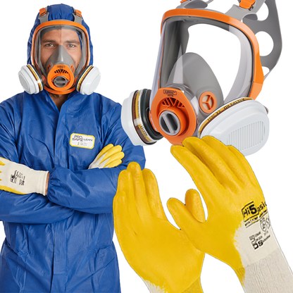 Arbeitsschutzset ASBEST KMF XTREME Schutzoverall + Vollmaske mit Filter + Schutzbrille + Arbeitshandschuhe - Asbest KMF Sanierung Abbruch