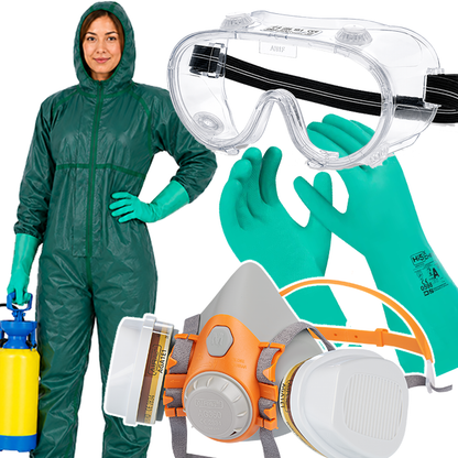 Arbeitsschutzset PESTIZID – Komplettset für Pflanzenschutz, Schädlingsbekämpfung & Chemikalienarbeiten - Chemieschutzoverall + Halbmaske mit Filter + Chemikalienhandschuhe + Schutzbrille