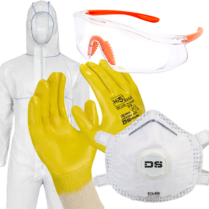 Kit di protezione amianto: Tuta protettiva + Maschera antipolvere FFP3 + Occhiali protettivi + Guanti da lavoro Tuta da imbianchino Maschera con valvola Amianto Lana minerale Lavori di demolizione e risanamento