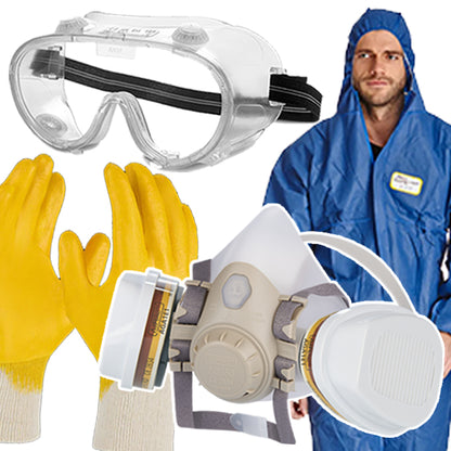 Kit di protezione amianto: Tuta protettiva + Maschera antipolvere FFP3 + Occhiali protettivi + Guanti da lavoro Tuta da imbianchino Maschera con valvola Amianto Lana minerale Lavori di demolizione e risanamento